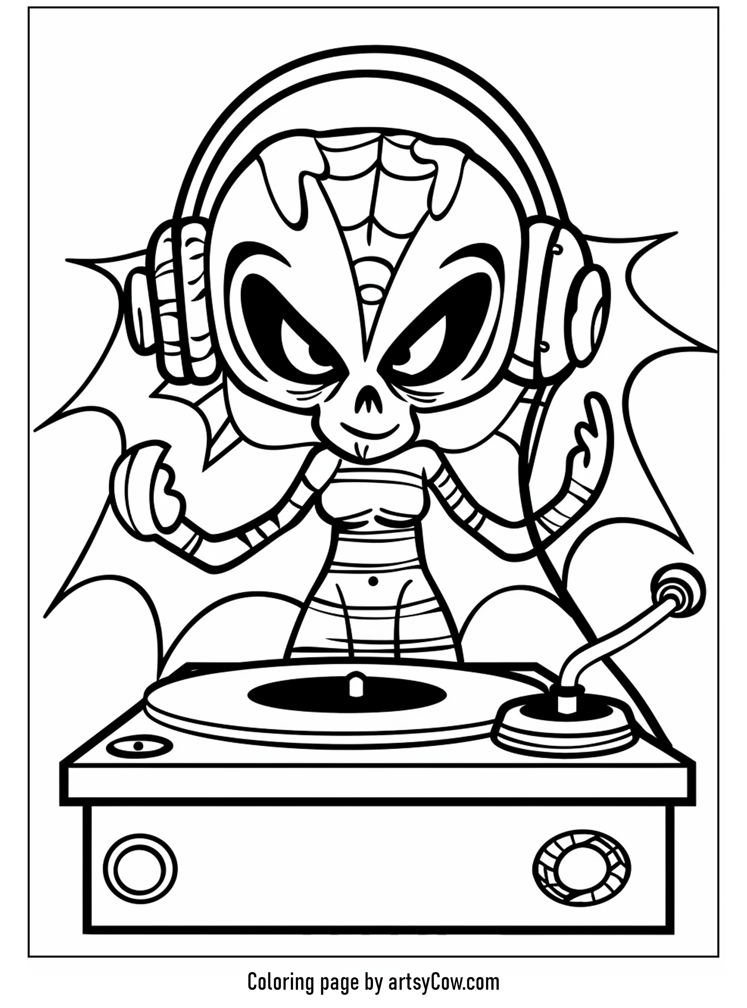 free halloween coloring pages for kids and adults featuring a creative Mummy DJ spinning records with enthusiasm.